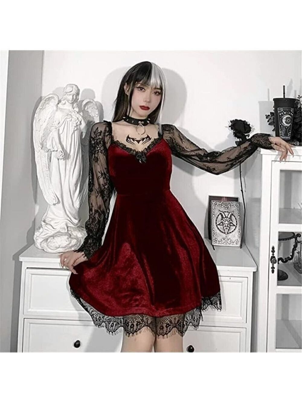 Lace long sleeve dress black red draped bodycon goth vintage halloween costume